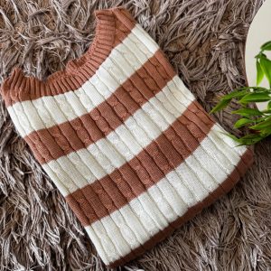 Blusa Tricô Trancinha Listra Suéter - Marrom claro e Branco, U